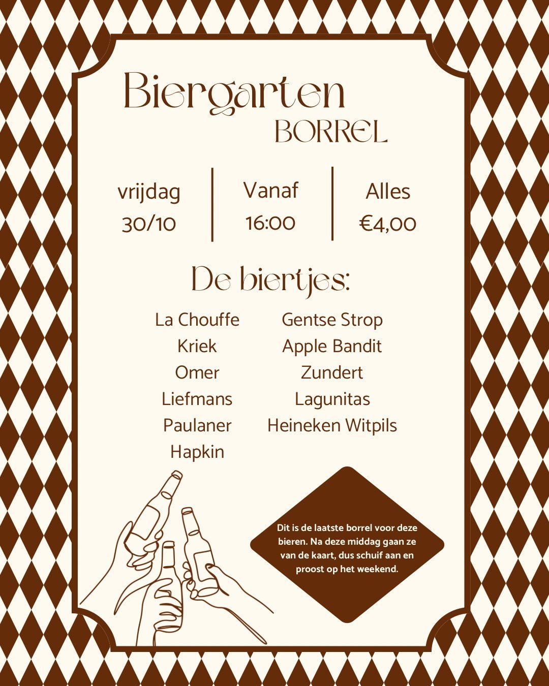Affiche van de Biergarten Borrel op vrijdag 30/10 vanaf 16:00, elk bier € 4,00